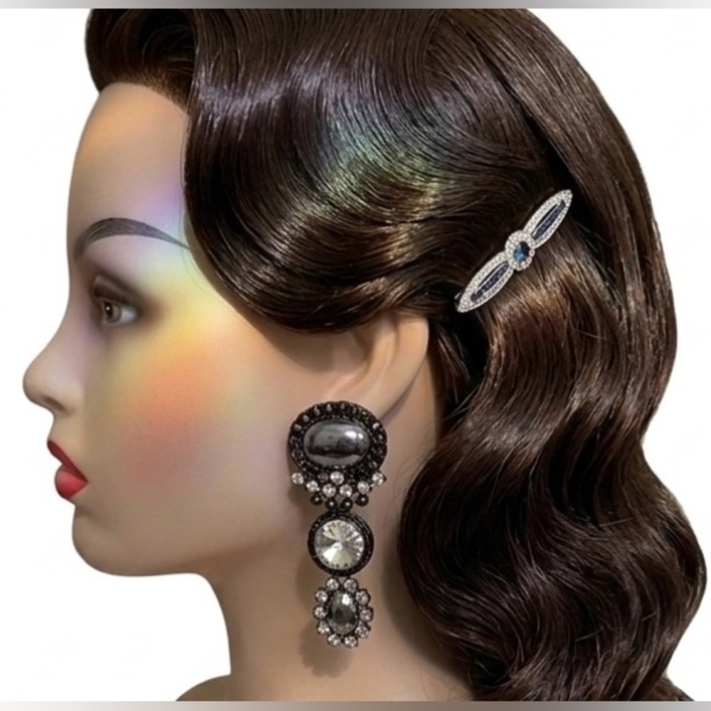Old Hollywood Hematite & Crystal Drop Vintage Statement Earrings - Clip On